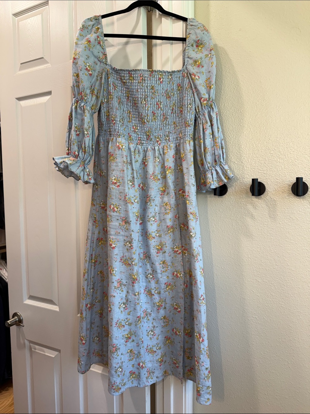 Reformation Light Blue Floral Smocked Midi Dress with Puff Sleeves